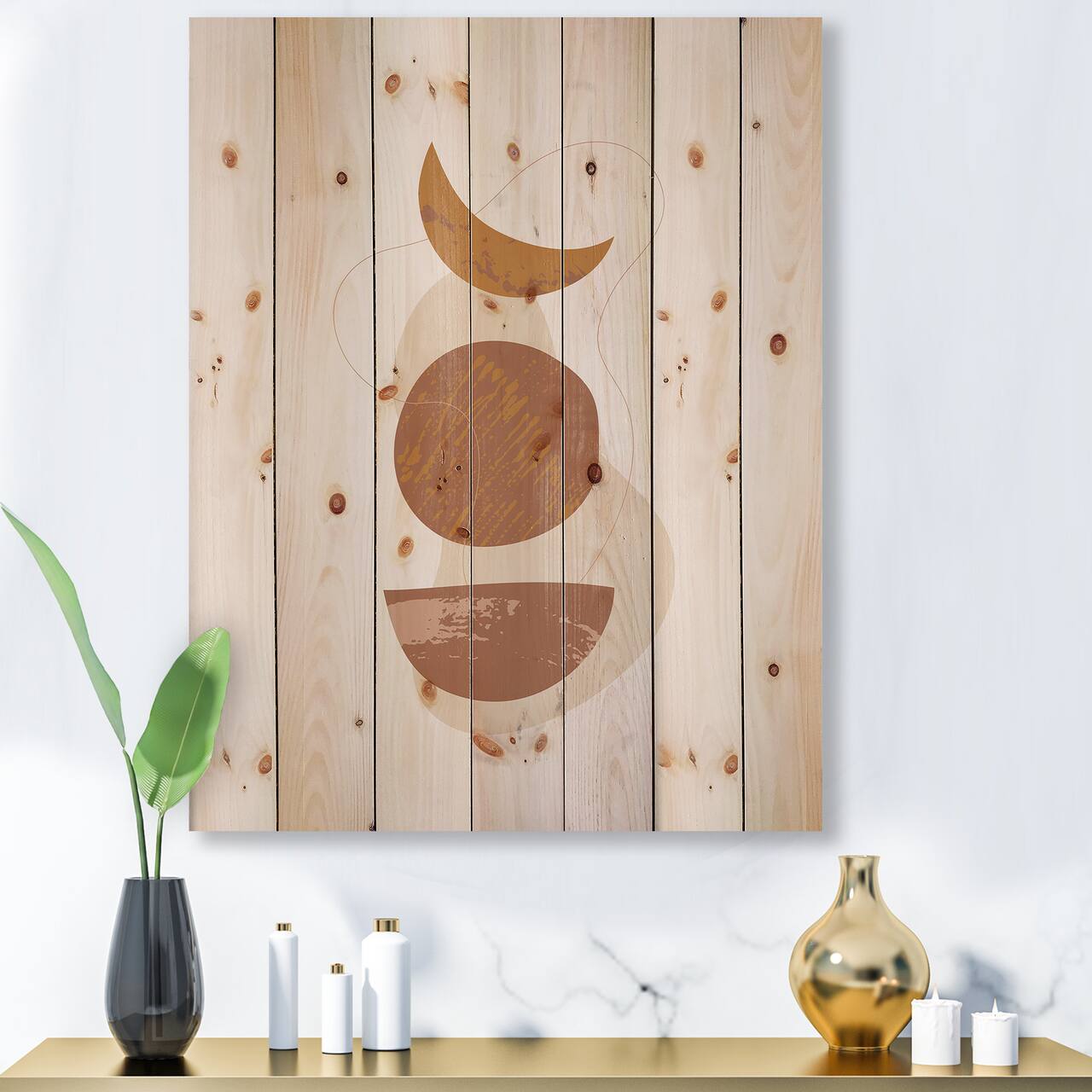 Designart - Moon and Sun Shapes In Retro Terracotta Tones I - Modern Print on Natural Pine Wood